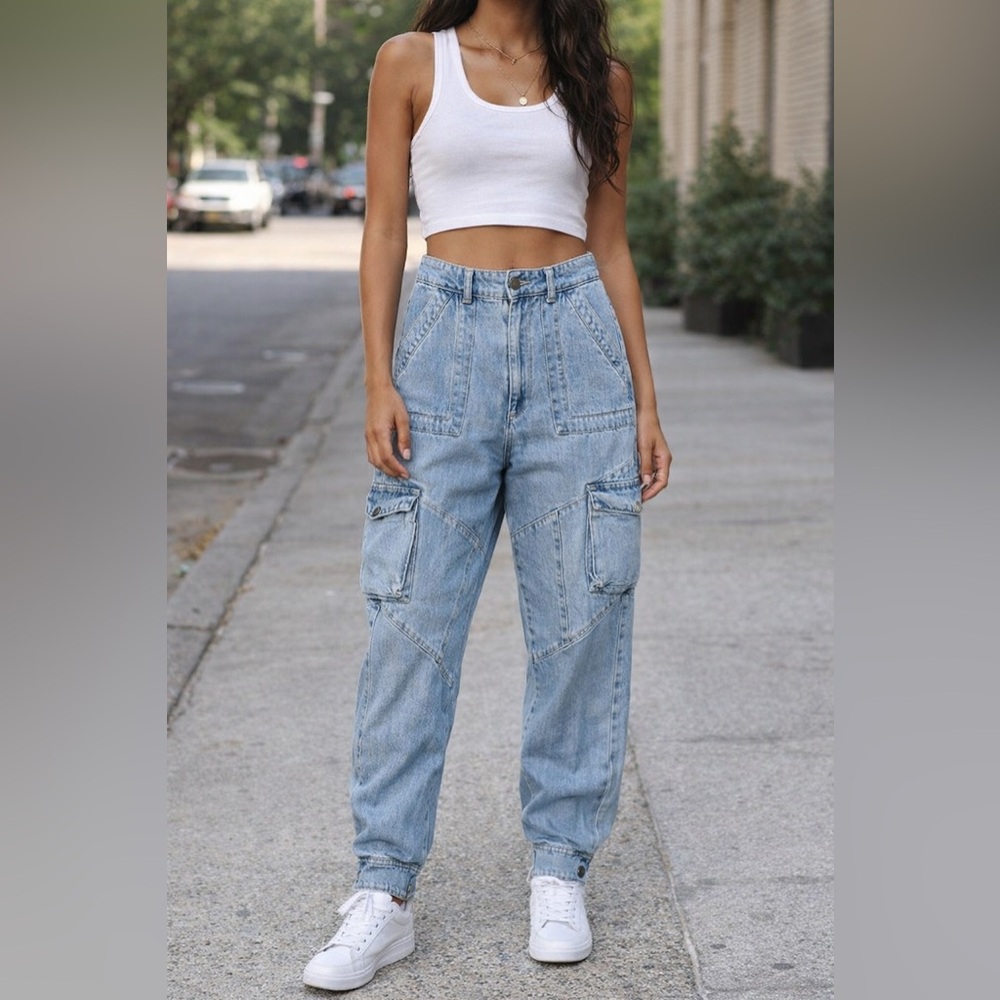 RETROFETE Light Blue Denim Tapered Cargo Jeans Cotton Size 25